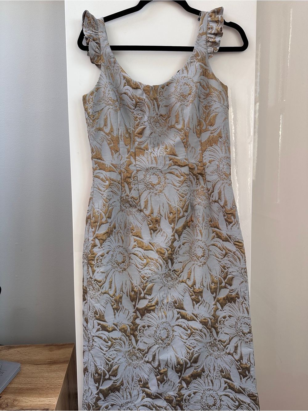 Romantic Gold Floral Brocade Ruffle Strap dress Elegant Floral Jacquard midi
